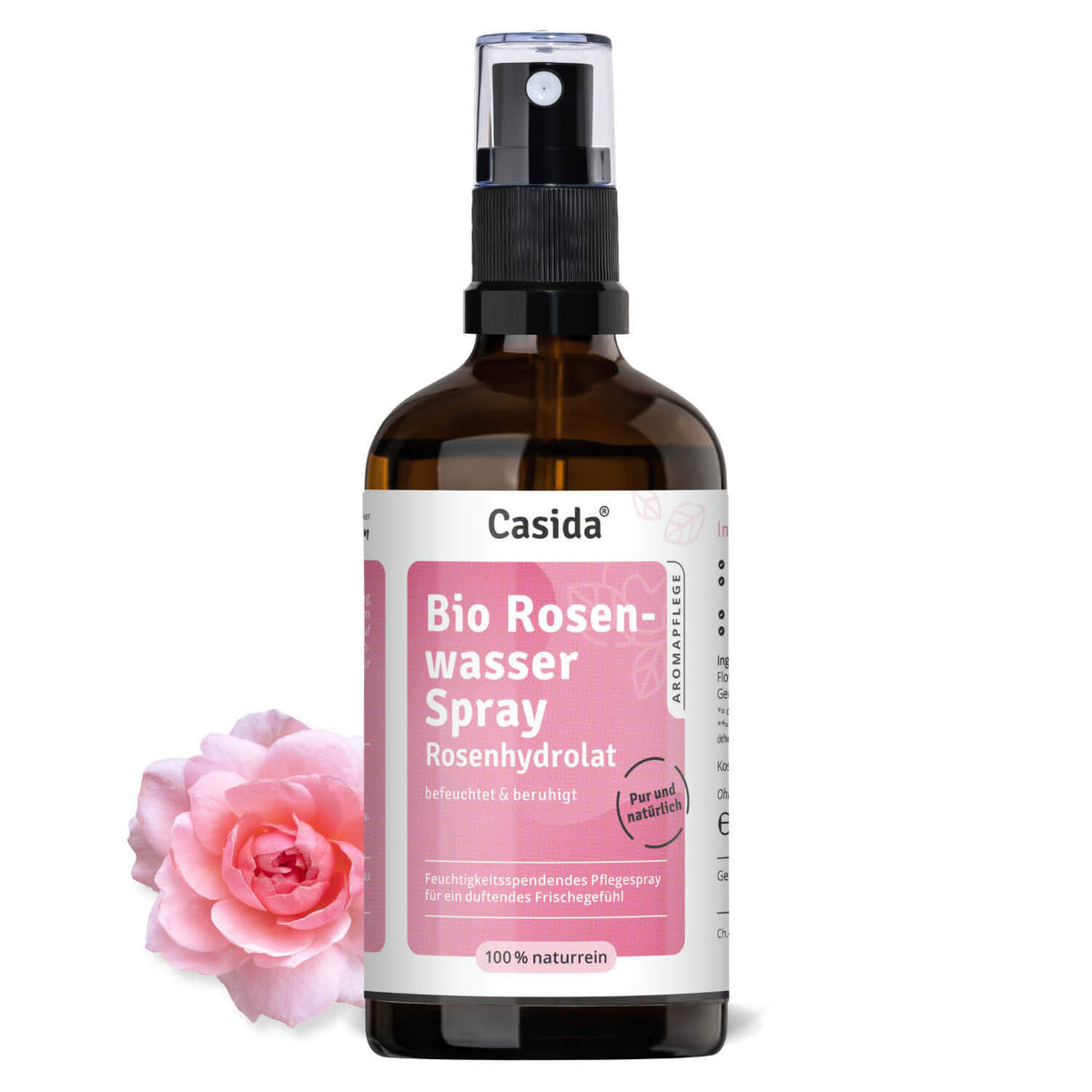 Casida bio rosenwasser spray in a brown bottle with a black spray nozzle and pink label, featuring a rose beside it.