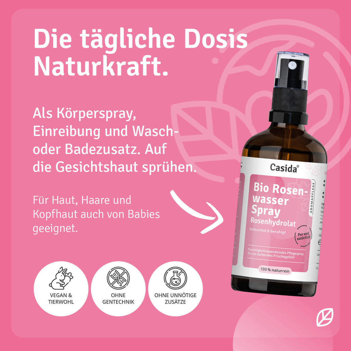 Bio rosenwasser spray in a black spray bottle with a pink label, suitable for skin, hair, and babies.