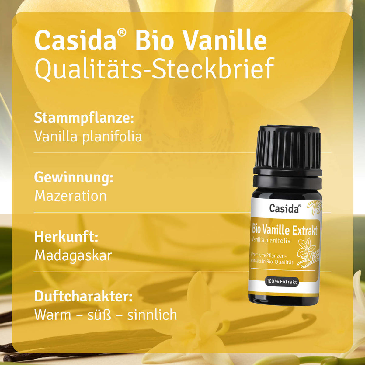 Bio Vanille Extrakt by Casida in a black bottle with a yellow label, featuring vanilla flower background and product details.
