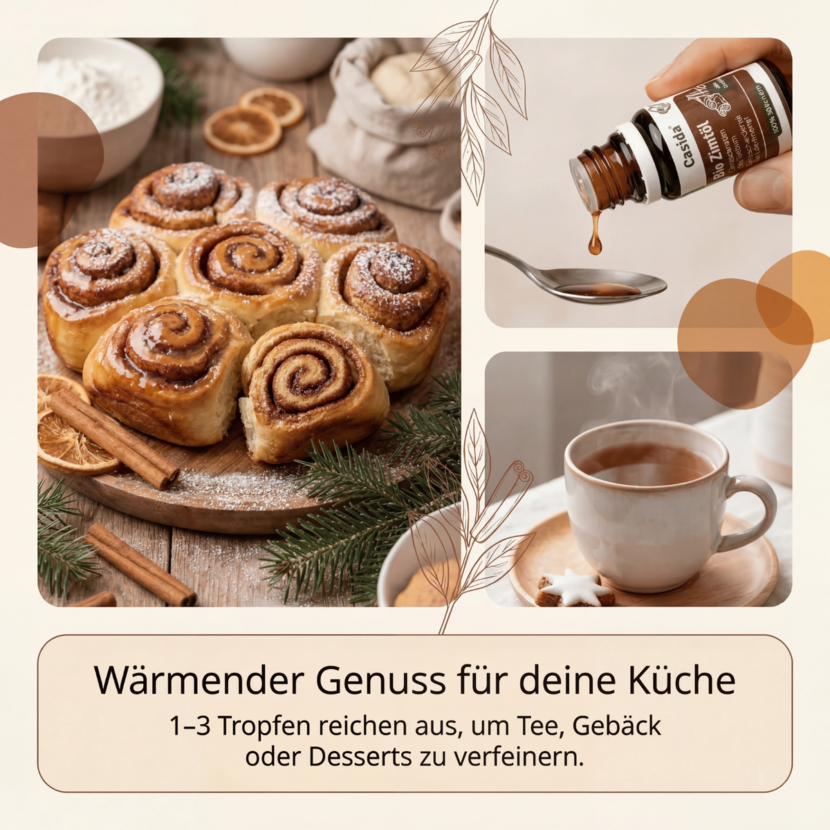 Casida Bio Zimtöl mit Zimtschnecken, Teetasse und einer Hand, die Öl auf einen Löffel tropft