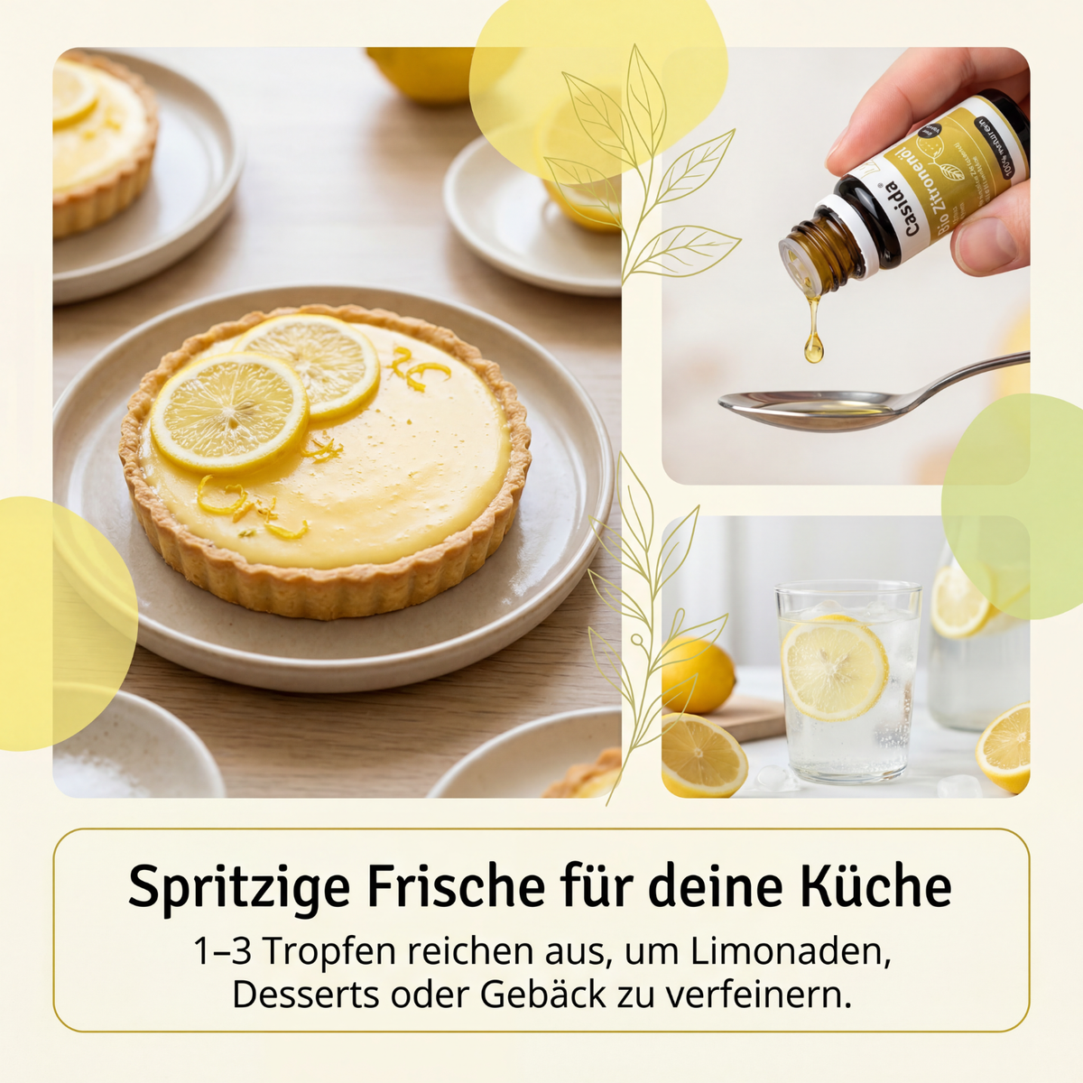 BIO aroma oils set featuring lemon, orange, and peppermint in bottles with a lemon tart and refreshing drink in the backgr...