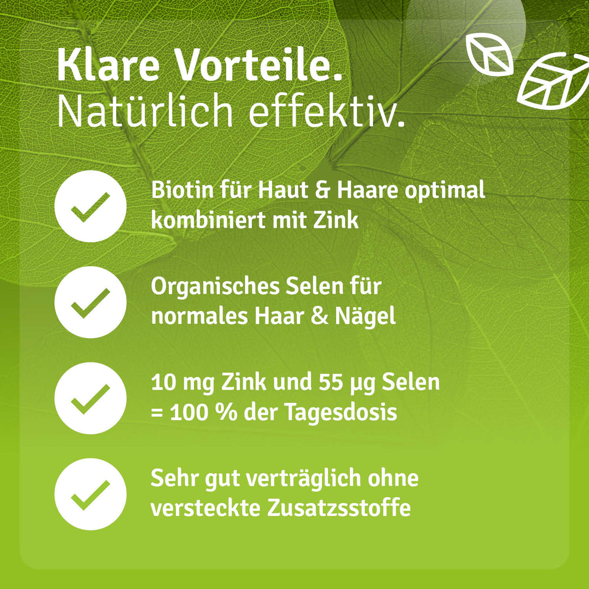 Schwangerschaft & Stillzeit set featuring benefits of biotin, selenium, zinc, and their effects on hair and nails.