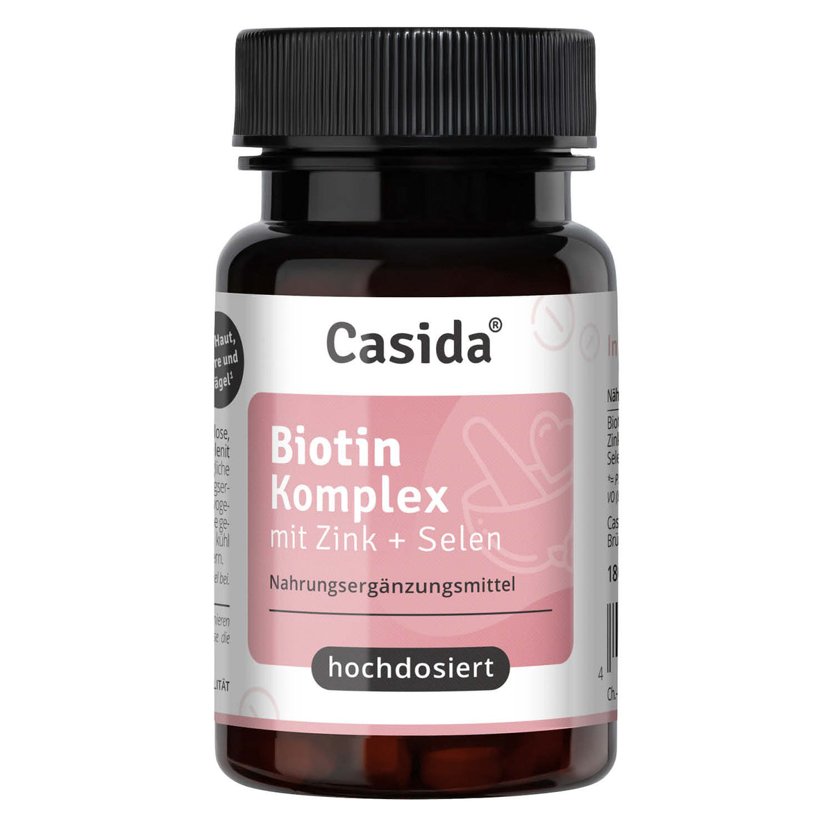 Casida Biotin Komplex dietary supplement bottle, featuring a black cap and pink label with product details.