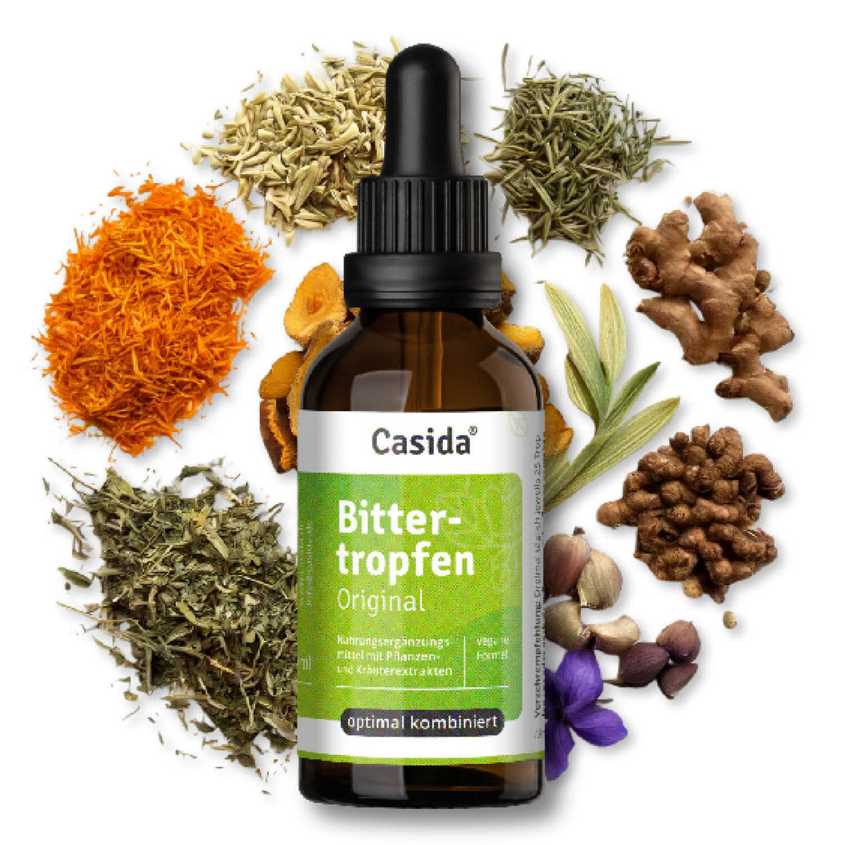 Casida Darmkur Set includes a dropper bottle of Bittertropfen surrounded by various herbs and spices.