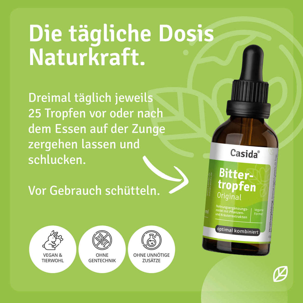 Casida Bittertropfen Original 50 ml bottle with dropper, green background, and dosage instructions in German.