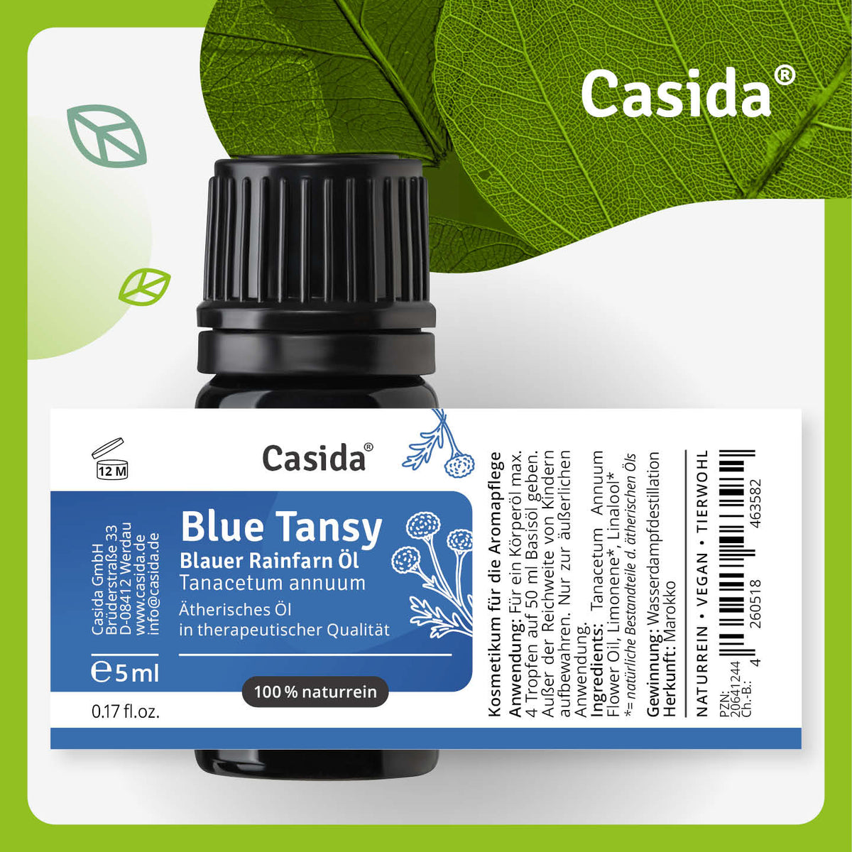 Etikett von Casida Blue Tansy Blauer Rainfarn Öl, 5 ml, mit Inhaltsstoffen und Anwendungshinweisen