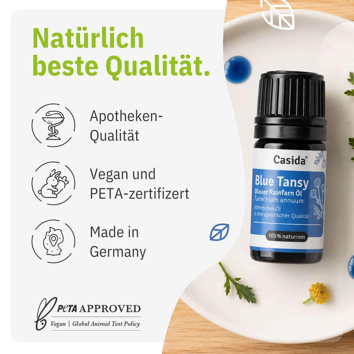 Casida Blue Tansy Öl mit Angaben zu veganer Rezeptur und Herstellung in Deutschland