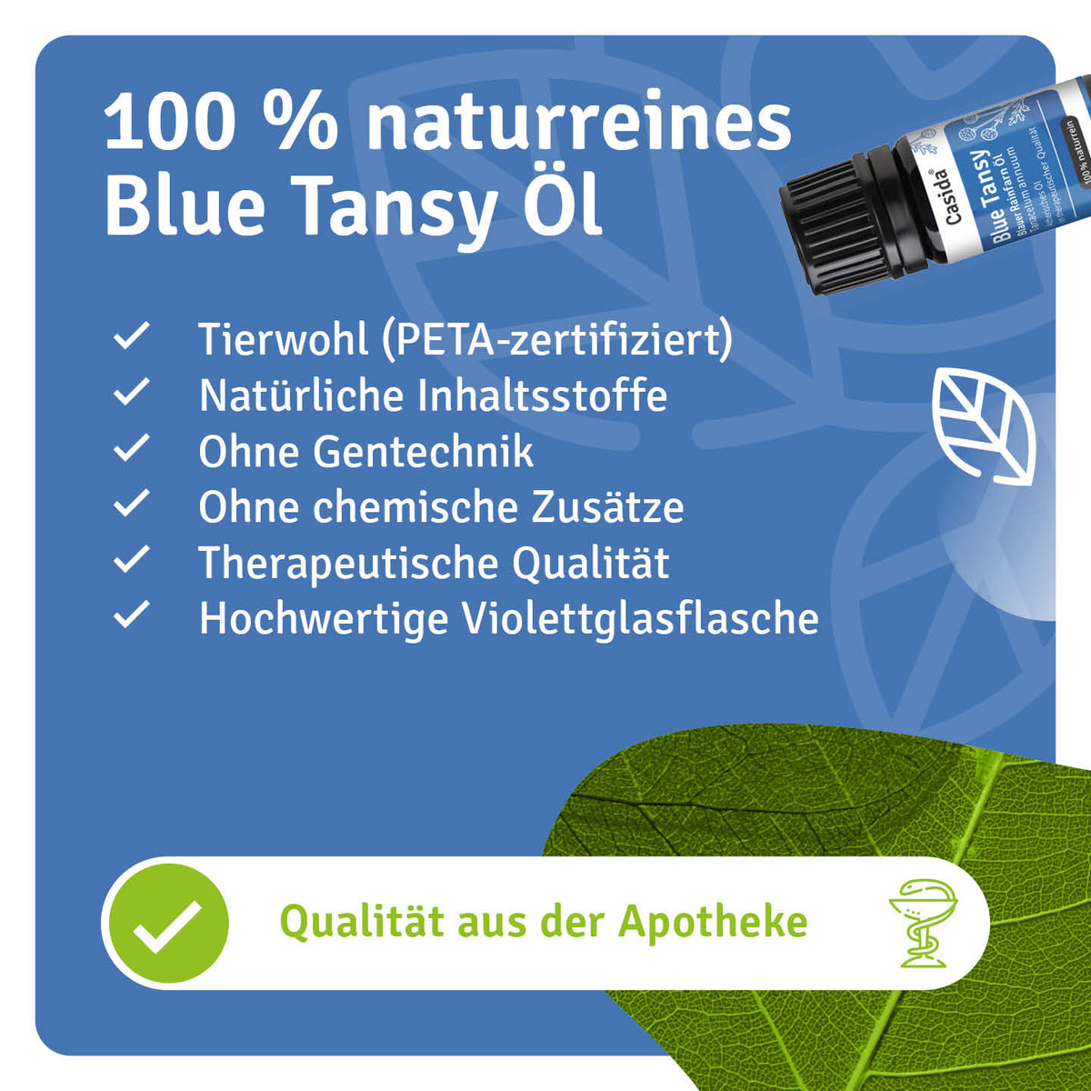 Casida Blue Tansy Öl mit Angaben zu Inhaltsstoffen, PETA-Zertifizierung und Violettglasflasche