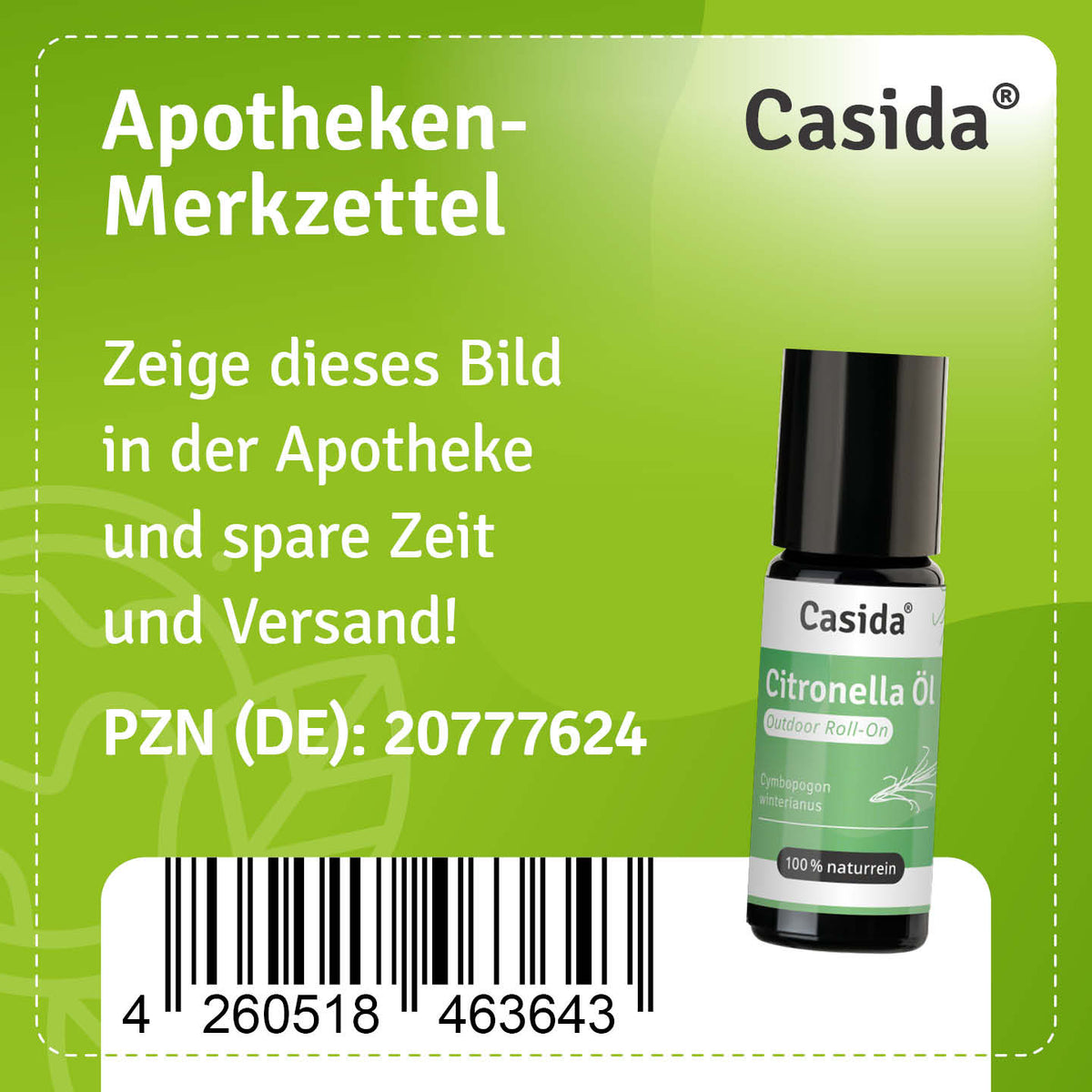 Apotheken-Merkzettel für Casida Citronella Outdoor Roll-On, PZN 20777624