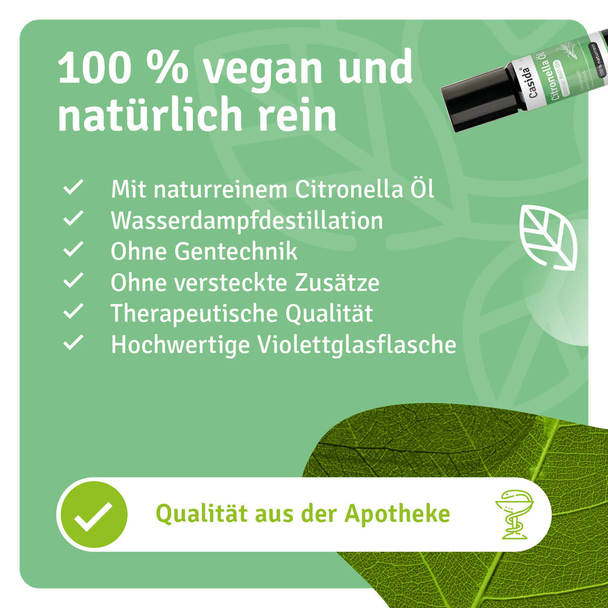 Casida Citronella Outdoor Roll-On mit Angaben zu Ölgewinnung und Violettglasflasche