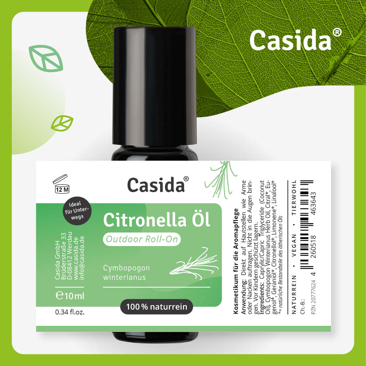 Etikett des Casida Citronella Outdoor Roll-Ons, 10 ml, mit Inhaltsstoffen und Anwendung