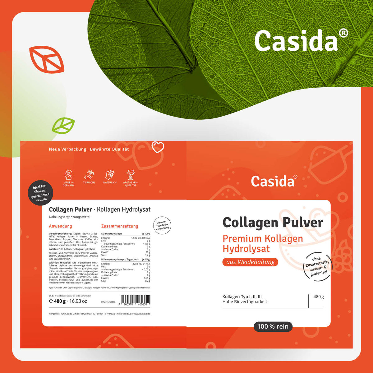Collagen pulver in a 480g package, featuring an orange design with product details and leaf graphics.