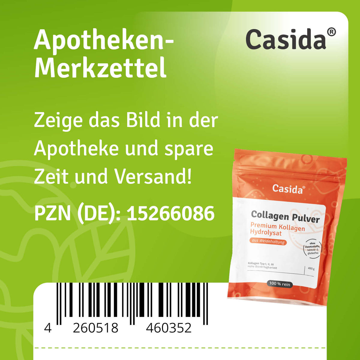 Collagen Pulver in a red and white packaging, labeled as hydrolysate, with a barcode and product details visible.
