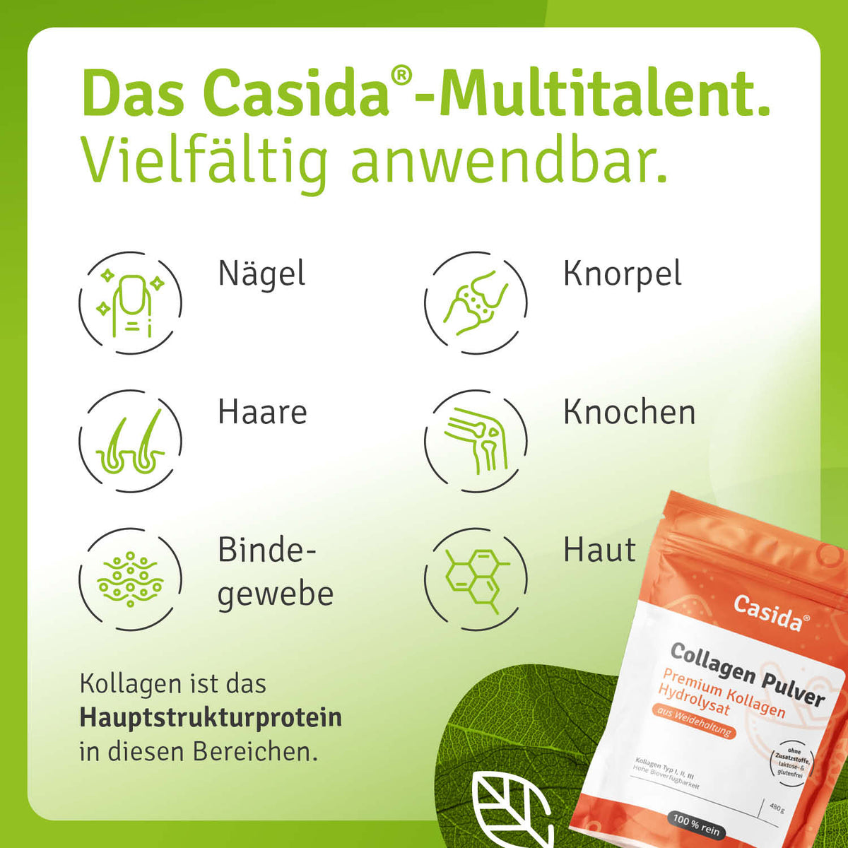 Collagen Pulver - Kollagen Hydrolysat in an orange and white packaging, highlighting benefits for skin, hair, and joints.