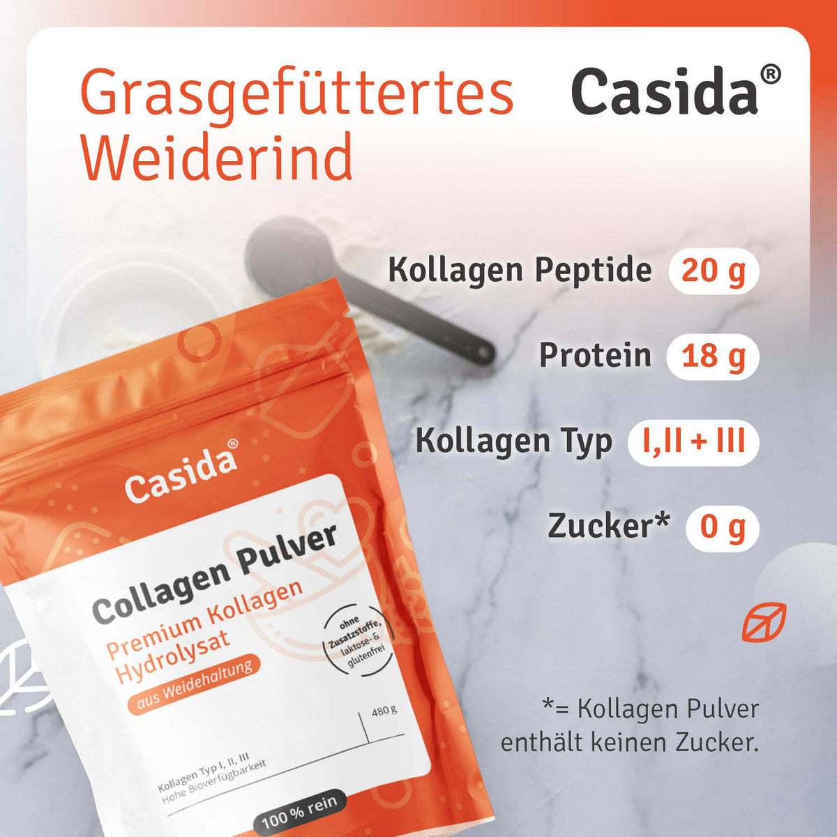 Collagen Pulver in an orange and white bag, highlighting collagen peptides and nutritional information.