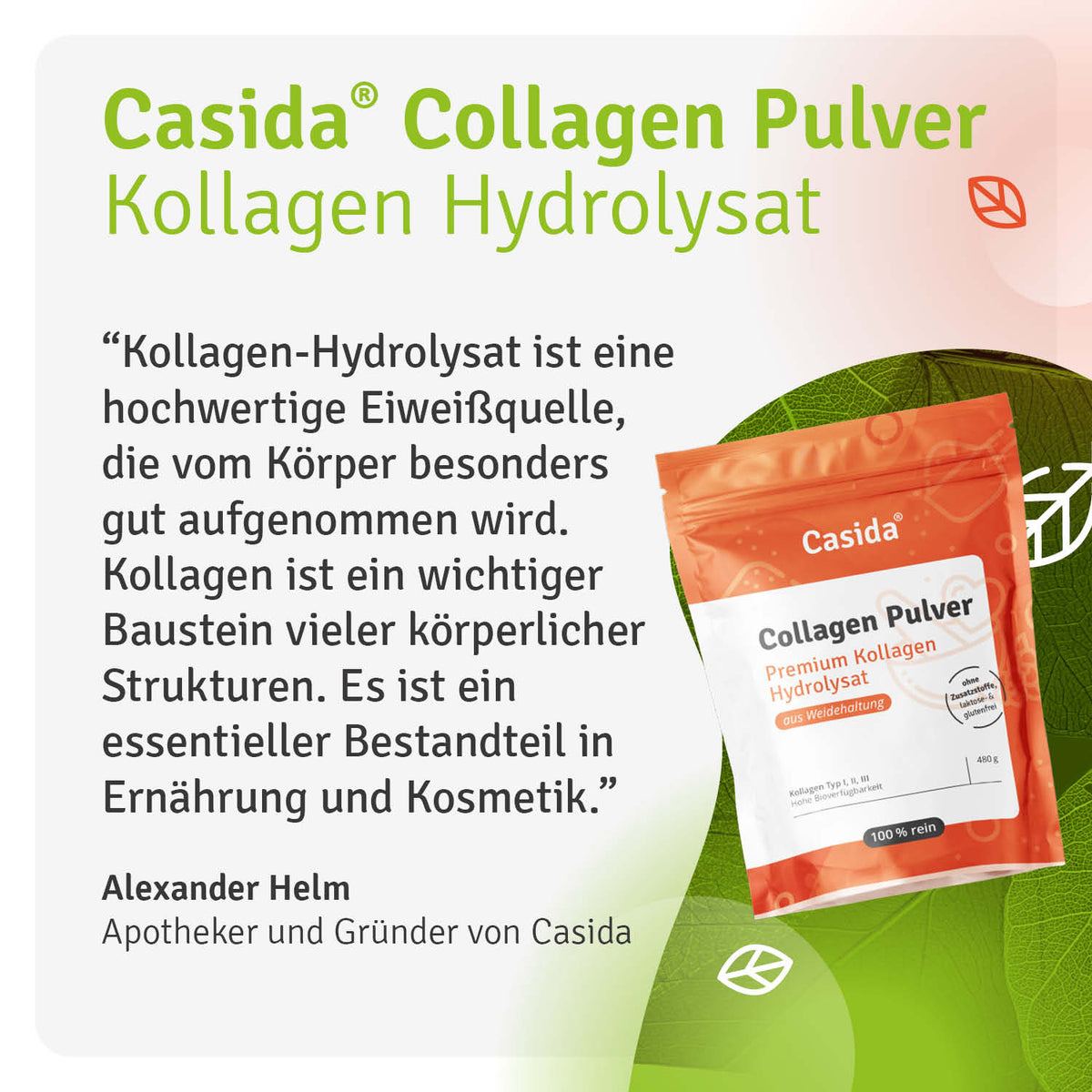 Collagen Pulver in a red and white bag, labeled as Kollagen Hydrolysat, 480 g, with nutritional information visible.