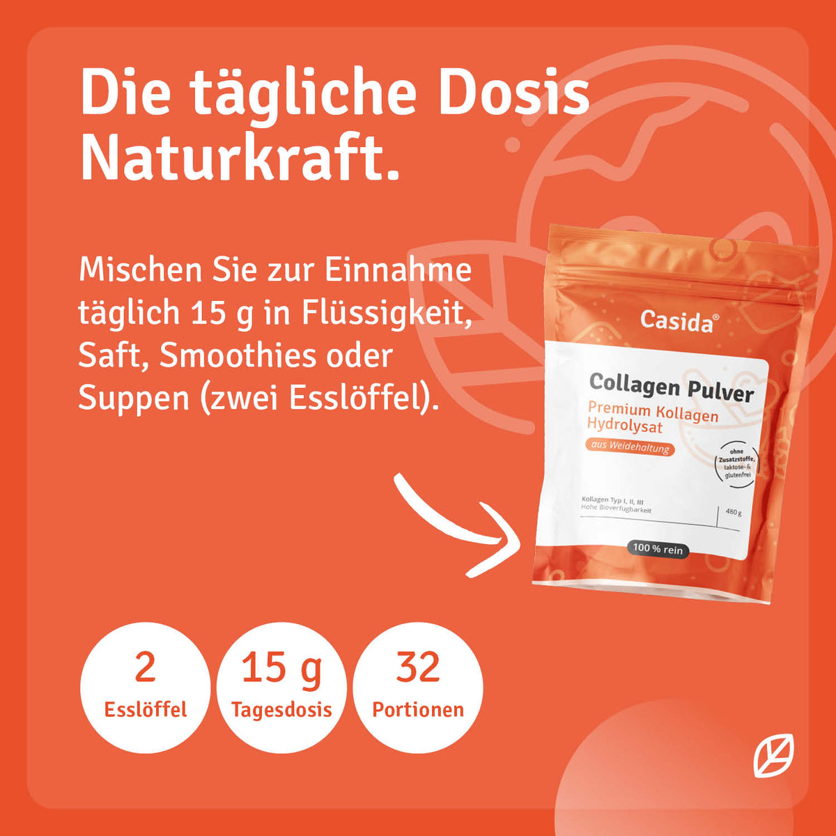Collagen Pulver packaging featuring a bright orange background, product details, and usage instructions.