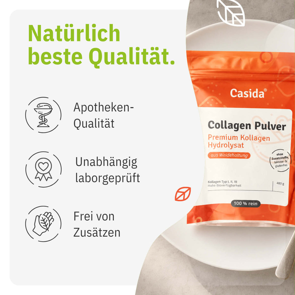 Collagen Pulver packaging featuring a blue and orange design, labeled as premium collagen hydrolysate, 480 g.