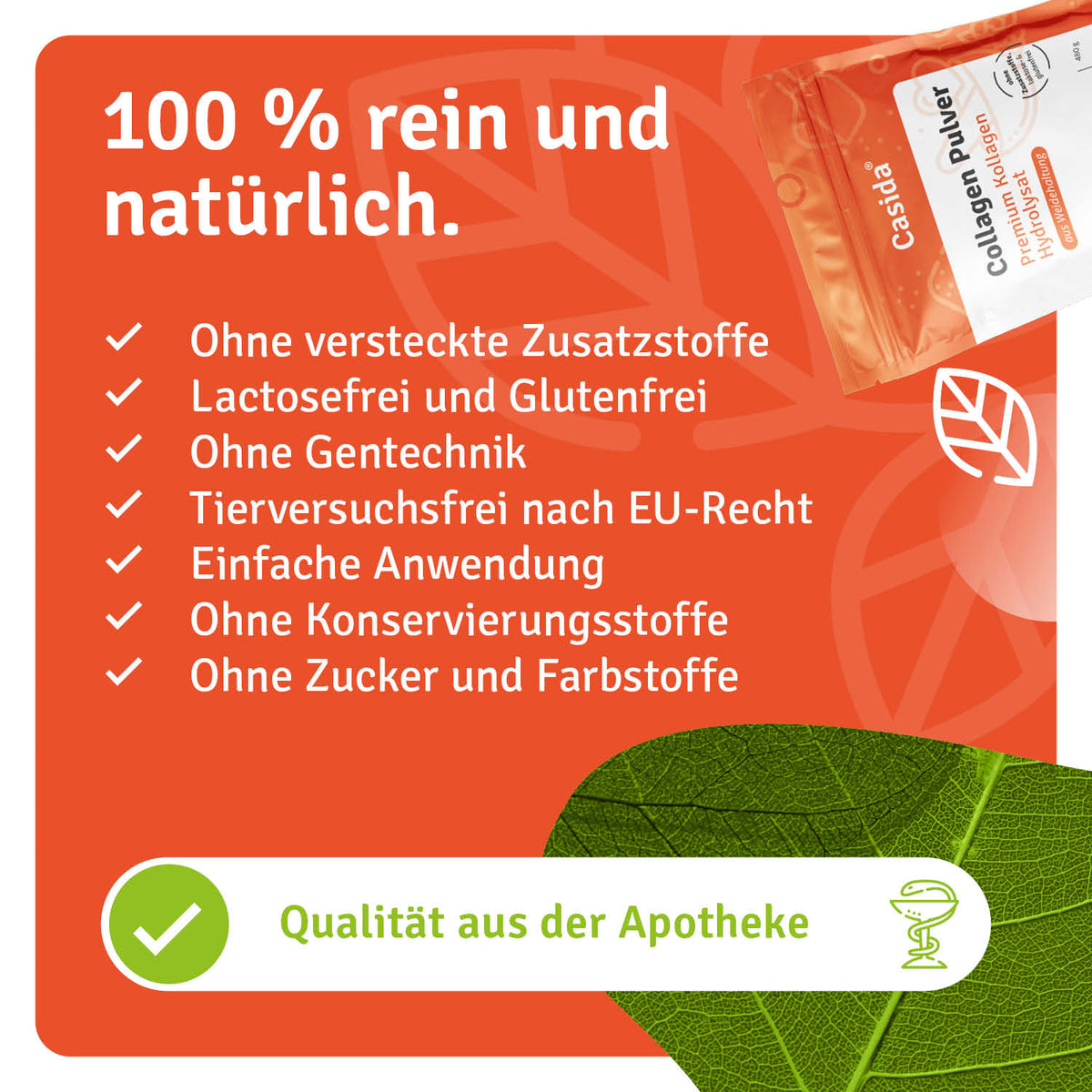 Collagen pulver packaging featuring a green leaf background and text highlighting its natural ingredients and benefits.