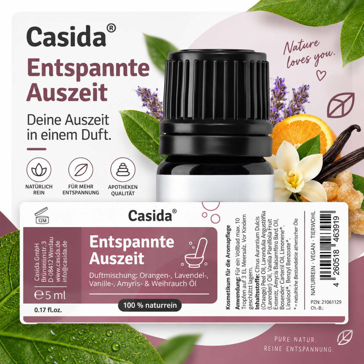 Casida Entspannte Auszeit mit Flasche, Etikett und Darstellungen von Orange, Lavendel und Vanille