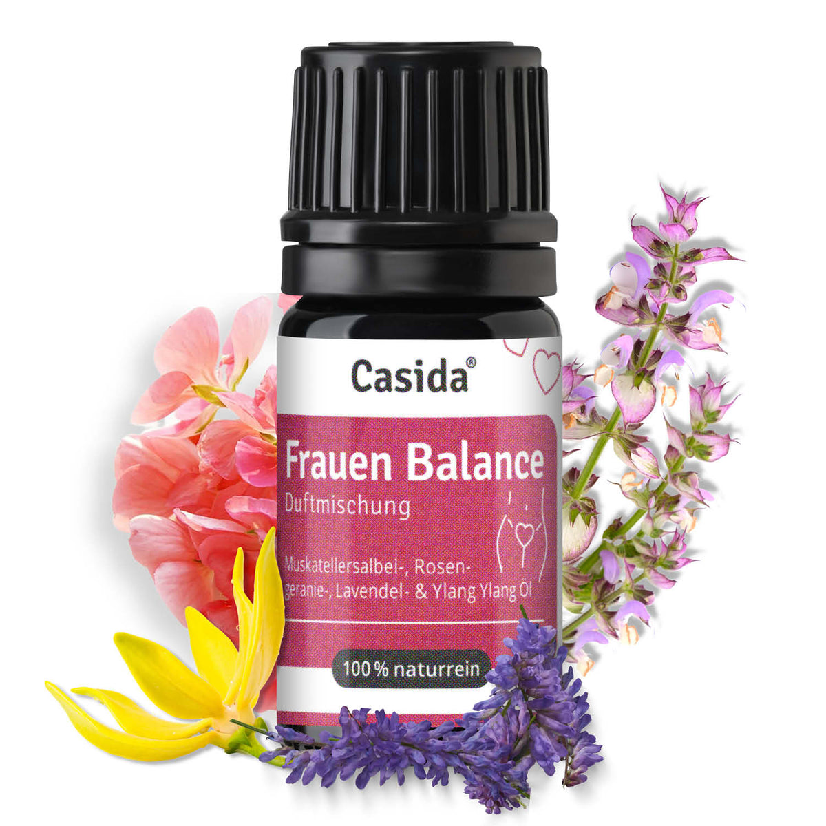 Casida Wellness Set featuring Frauen Balance essential oil with floral background, pink label, and black cap.