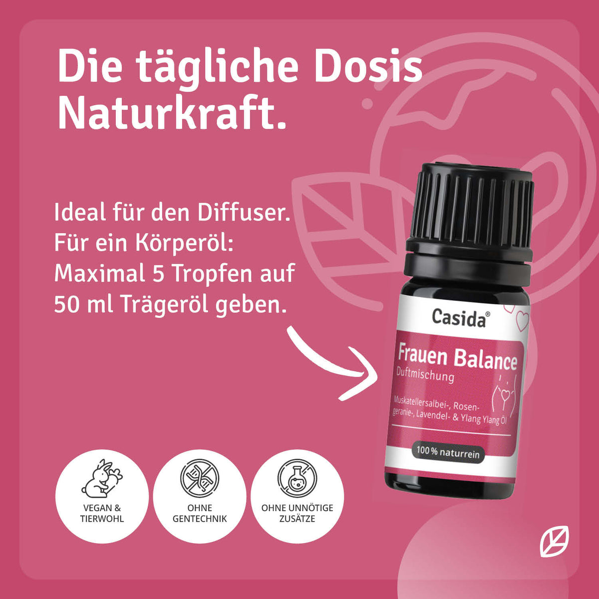 Casida wellness set featuring Frauen Balance essential oil blend in a 5 ml bottle with pink label and white cap.