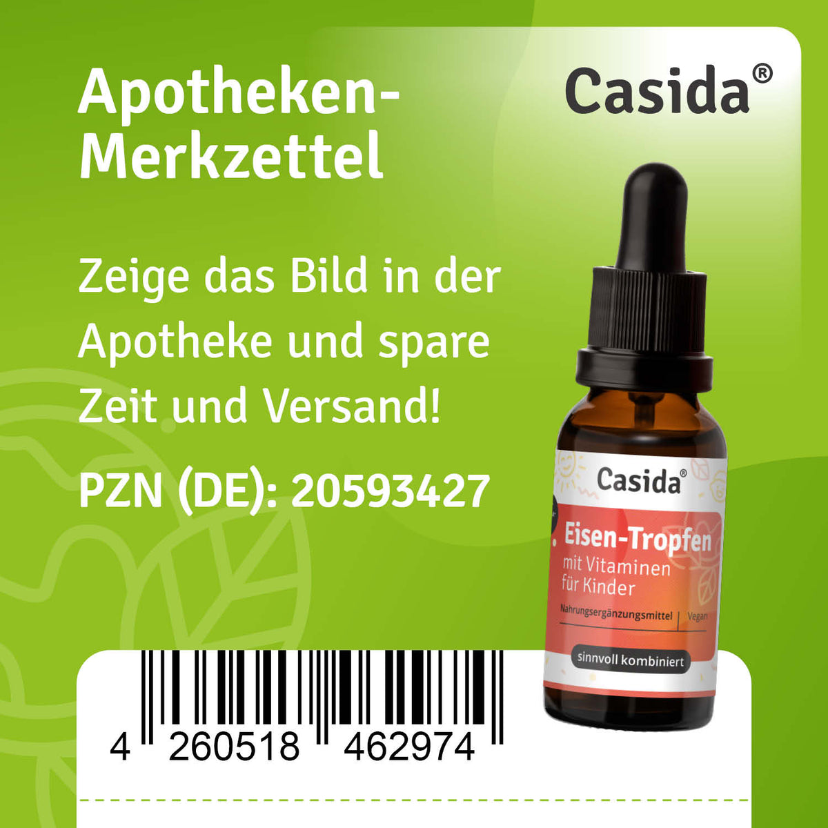 Eisen Tropfen mit Vitaminen für Kinder in einer braunen Tropfflasche, mit schwarzem Pipettenverschluss und grüner Verpackung.
