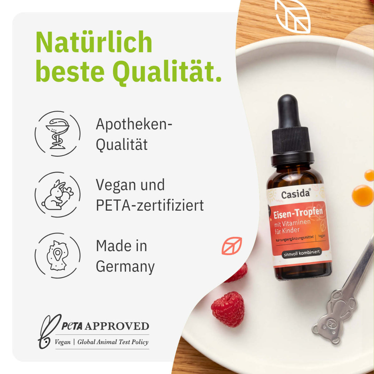 Eisen Tropfen mit Vitaminen für Kinder in einer braunen Tropfflasche, mit PETA-zertifiziertem Label und Apothekenqualität.