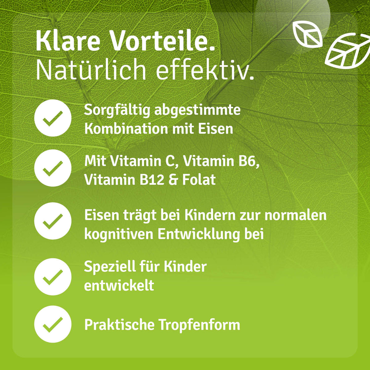 Eisen Tropfen für Kinder, grüne Verpackung mit Vitaminen, Auflistung der Vorteile in weißer Schrift auf grünem Hintergrund.