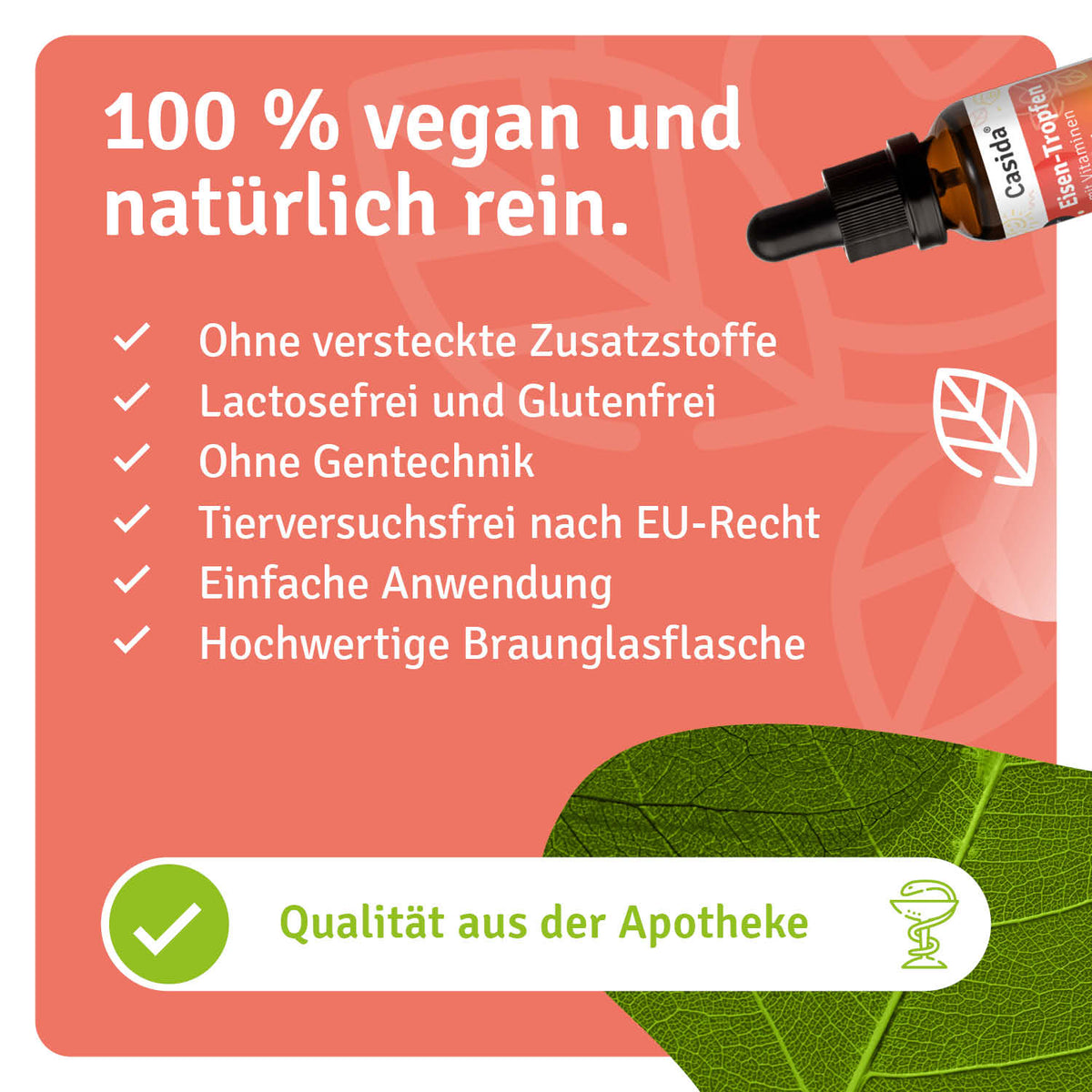 Eisen Tropfen für Kinder in einer braunen Glasflasche mit veganen und natürlichen Inhaltsstoffen, auf grünem Hintergrund.