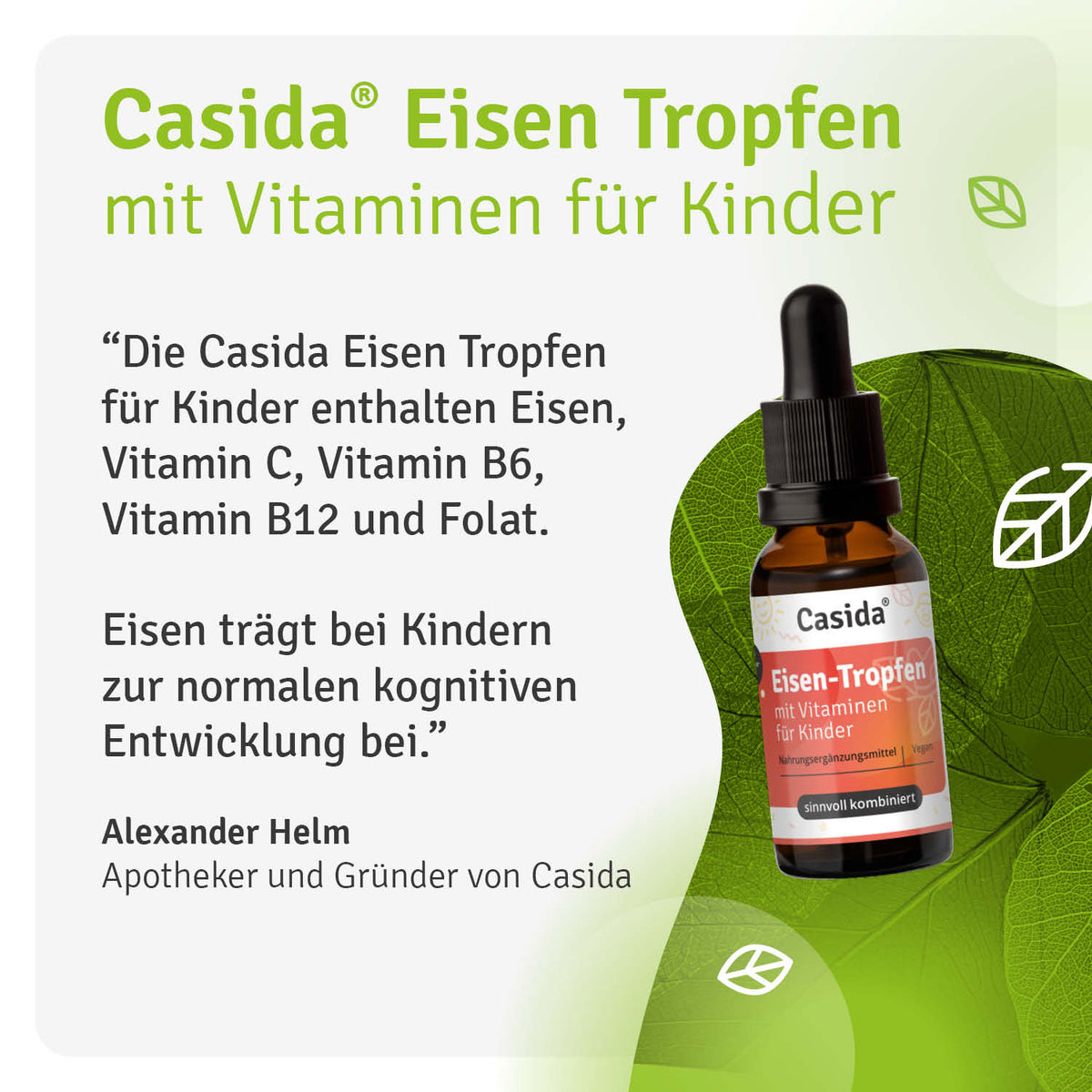 Casida Eisen Tropfen für Kinder in einer braunen Tropfflasche mit grünem Etikett und weißen Hintergrund.
