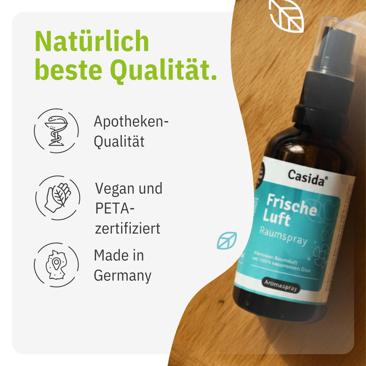 Frische Luft raumspray by Casida in a brown bottle with a spray nozzle, featuring green and blue label details.