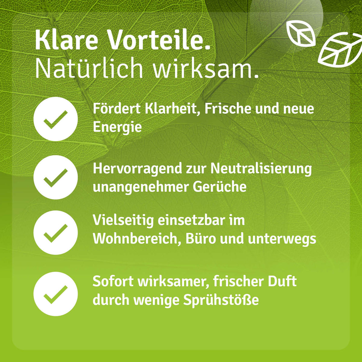 Frische Luft Raumspray in a green and white spray bottle with text highlighting its benefits on a leaf background.