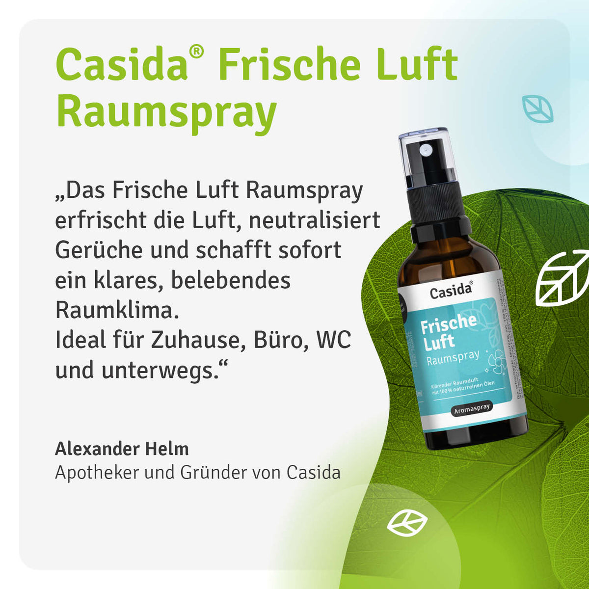 Frische Luft raumspray by Casida in a spray bottle with a green label and text, set against a light background.