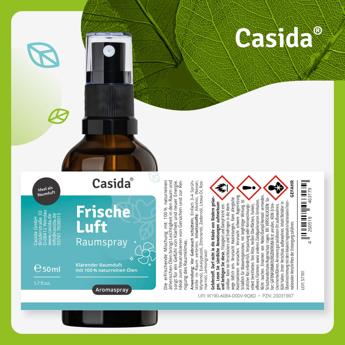 Frische Luft raumspray in a brown glass bottle with a spray nozzle, 50 ml, featuring a green label and leaf design.