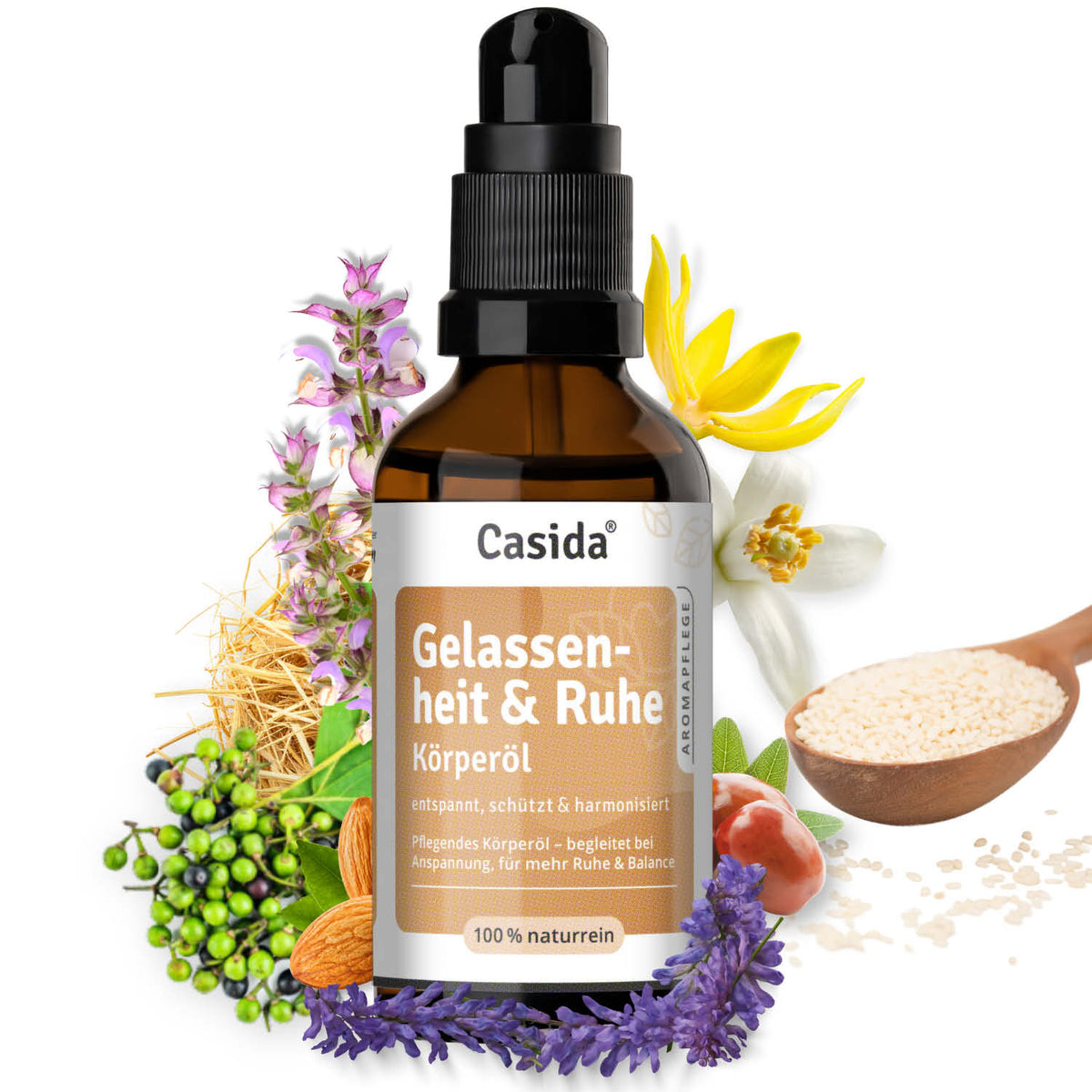 Gelassenheit & Ruhe Körperöl in a brown glass bottle surrounded by herbs and flowers, highlighting natural ingredients.