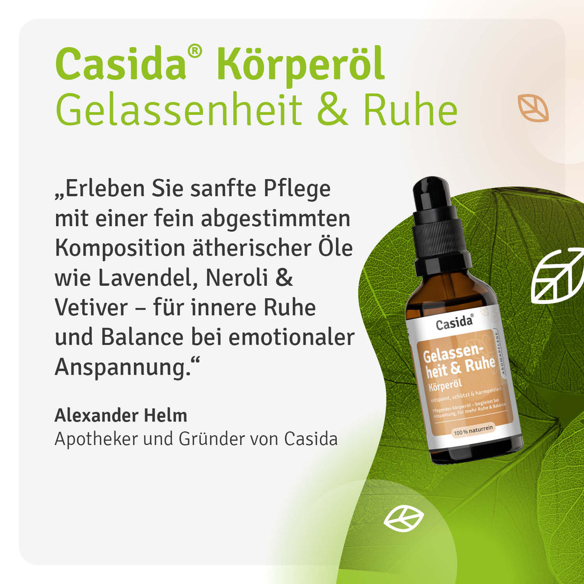 Gelassenheit & Ruhe Körperöl in einer braunen Flasche mit Pumpverschluss, etikettiert mit grüner Schrift und Inhaltsangaben.