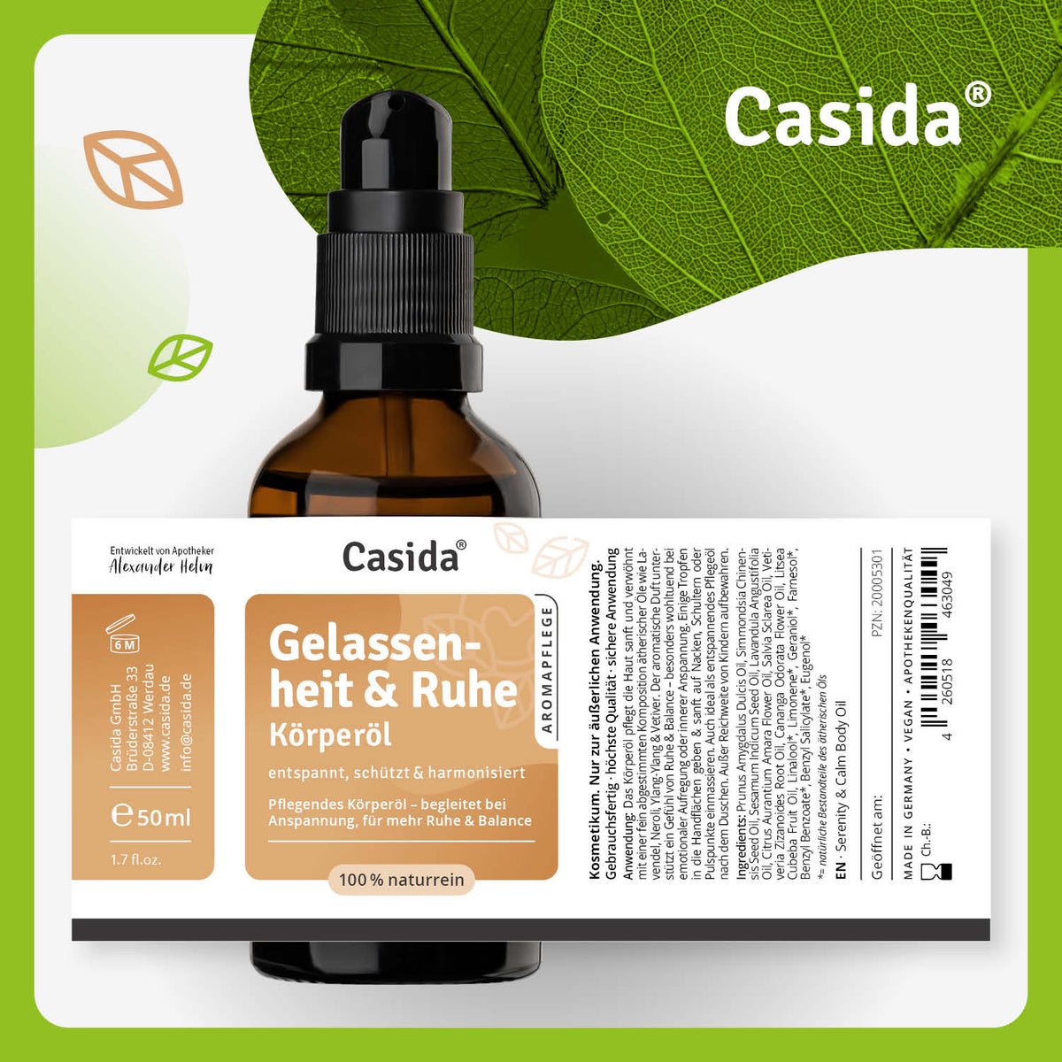 Gelassenheit & Ruhe Körperöl in a brown glass bottle with a pump, featuring a white label and green background.