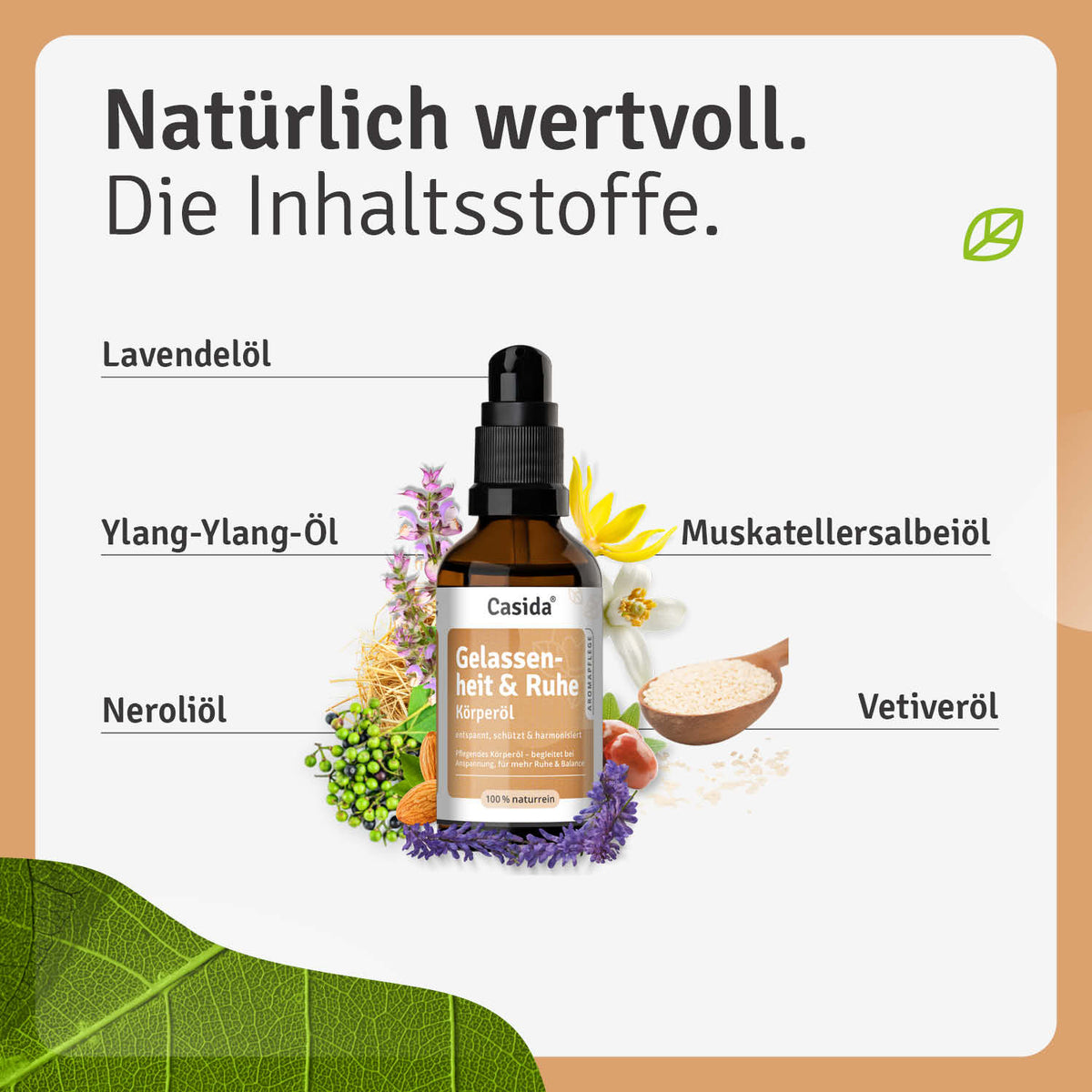 Gelassenheit & Ruhe Körperöl in a brown bottle with a dropper, surrounded by natural ingredients like lavender and ylang-y...