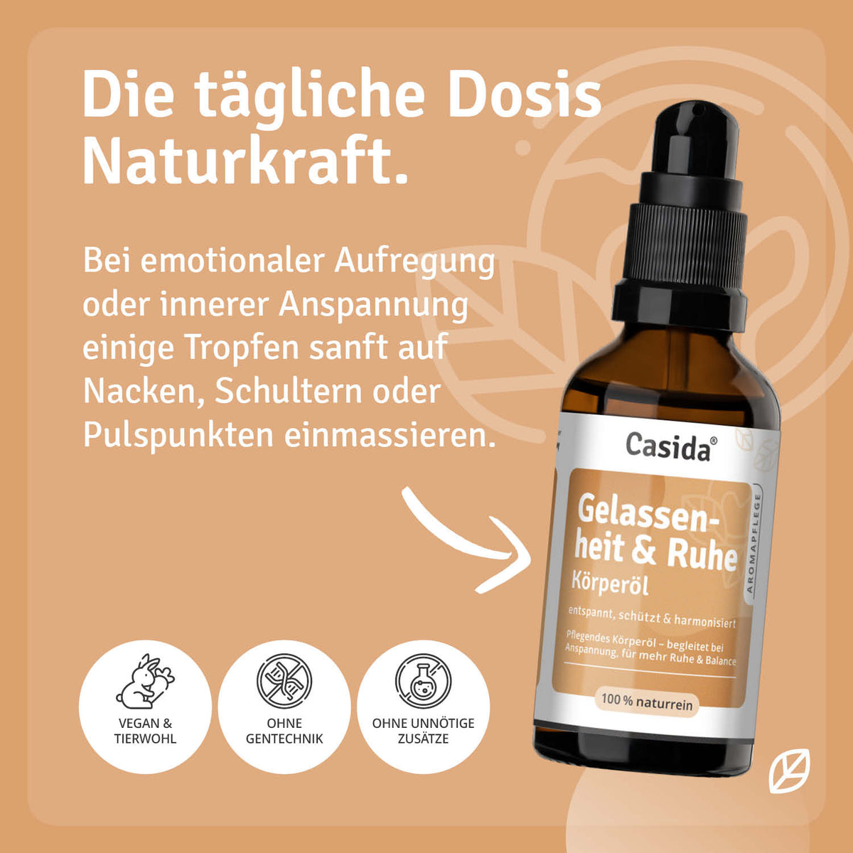 Gelassenheit & Ruhe Körperöl in einer braunen Glasflasche mit Pipette, etikettiert mit Informationen zur Anwendung.