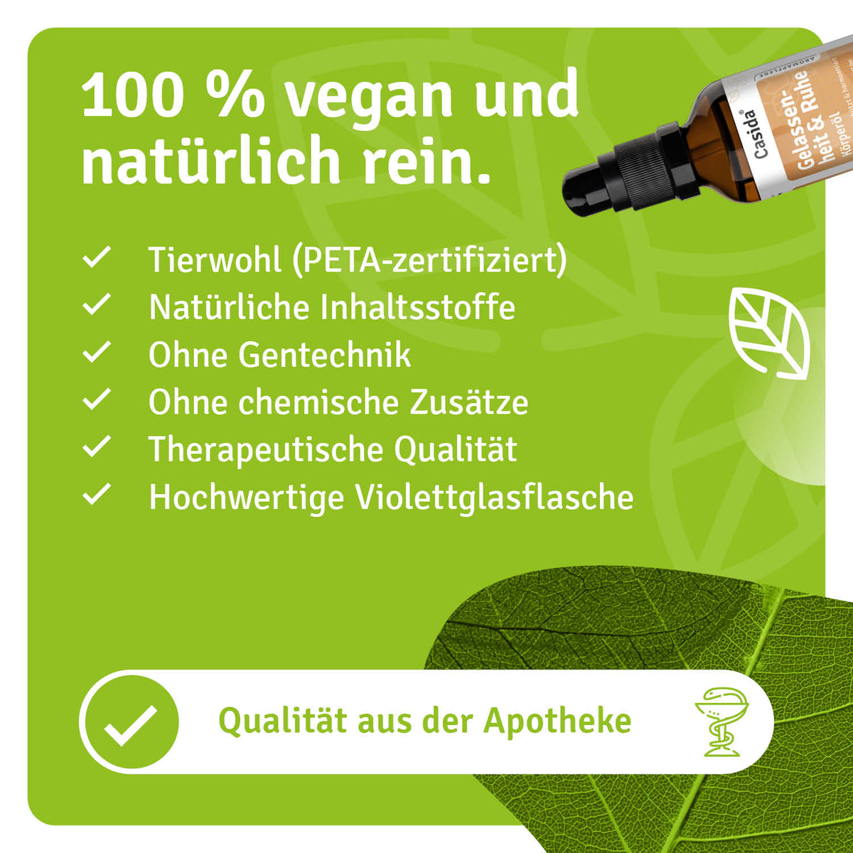 Gelassenheit & Ruhe Körperöl in einer hochwertigen Violettglasflasche, mit veganen und natürlichen Inhaltsstoffen.