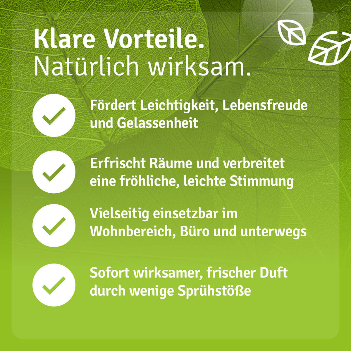 Glück & Freude raumspray in a green bottle with a label featuring leaves and text about its benefits.