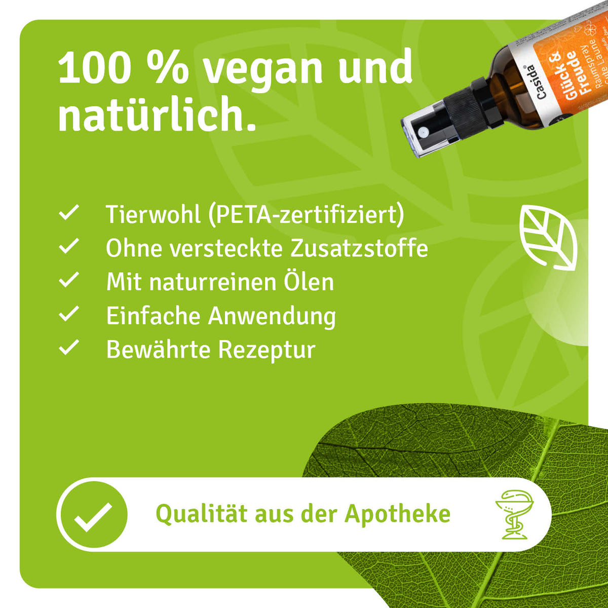 Glück & Freude raumspray bottle with a brown label, featuring natural ingredients and a spray nozzle.