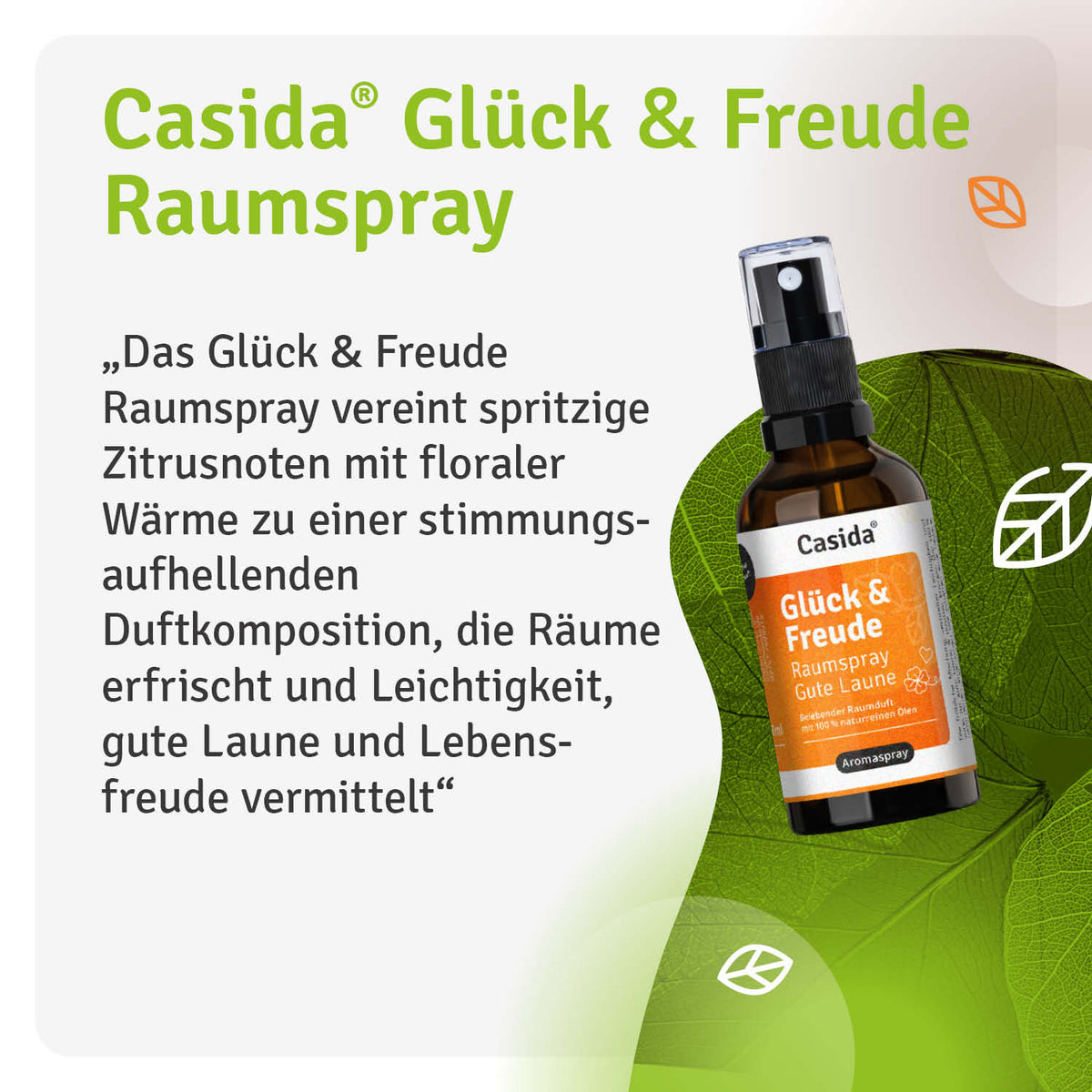 Glück & Freude raumspray bottle with a dark label and citrus-themed design, placed on a light green background.