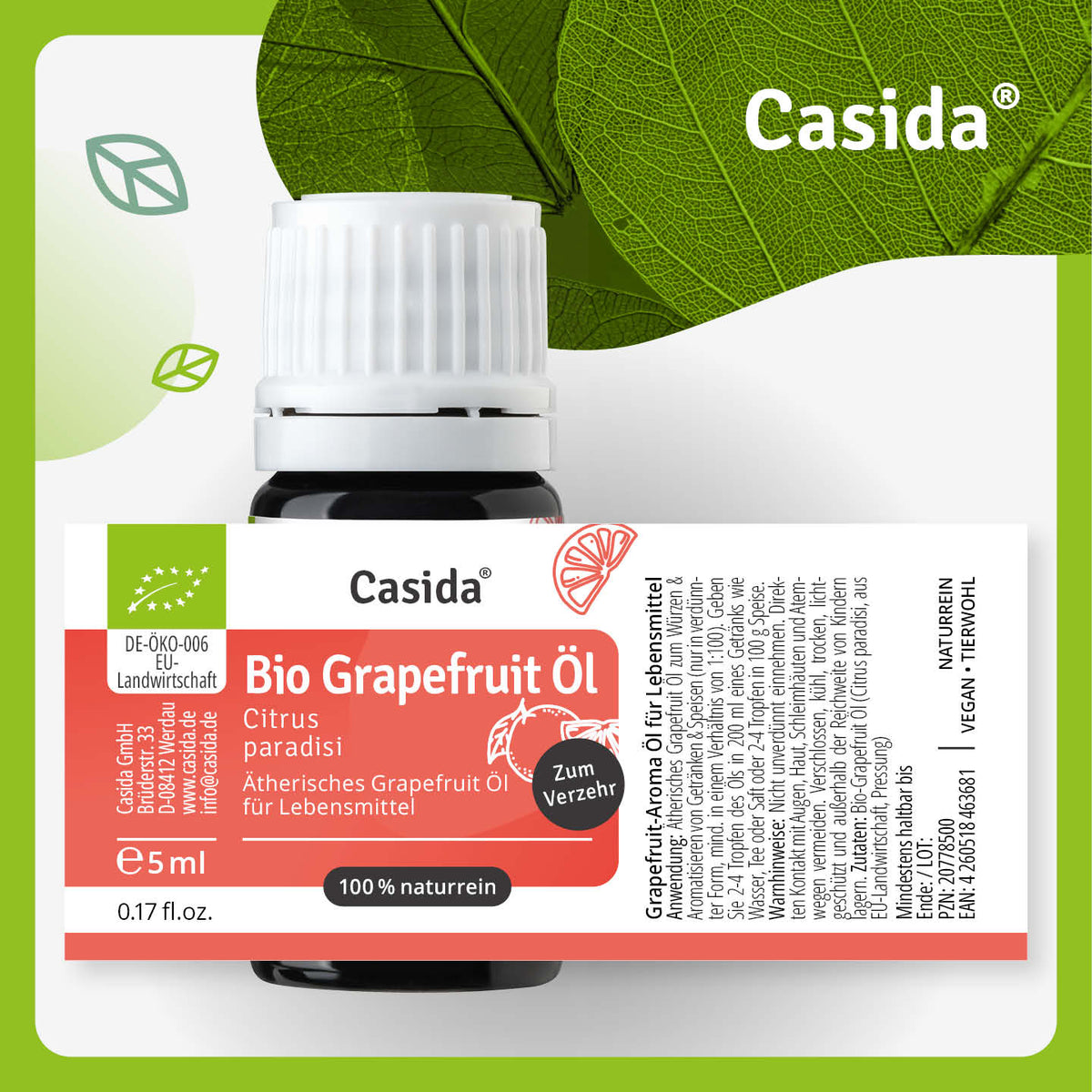 Etikett von Casida Bio Grapefruitöl, 5 ml, mit Bio-Kennzeichnung und Anwendungshinweisen