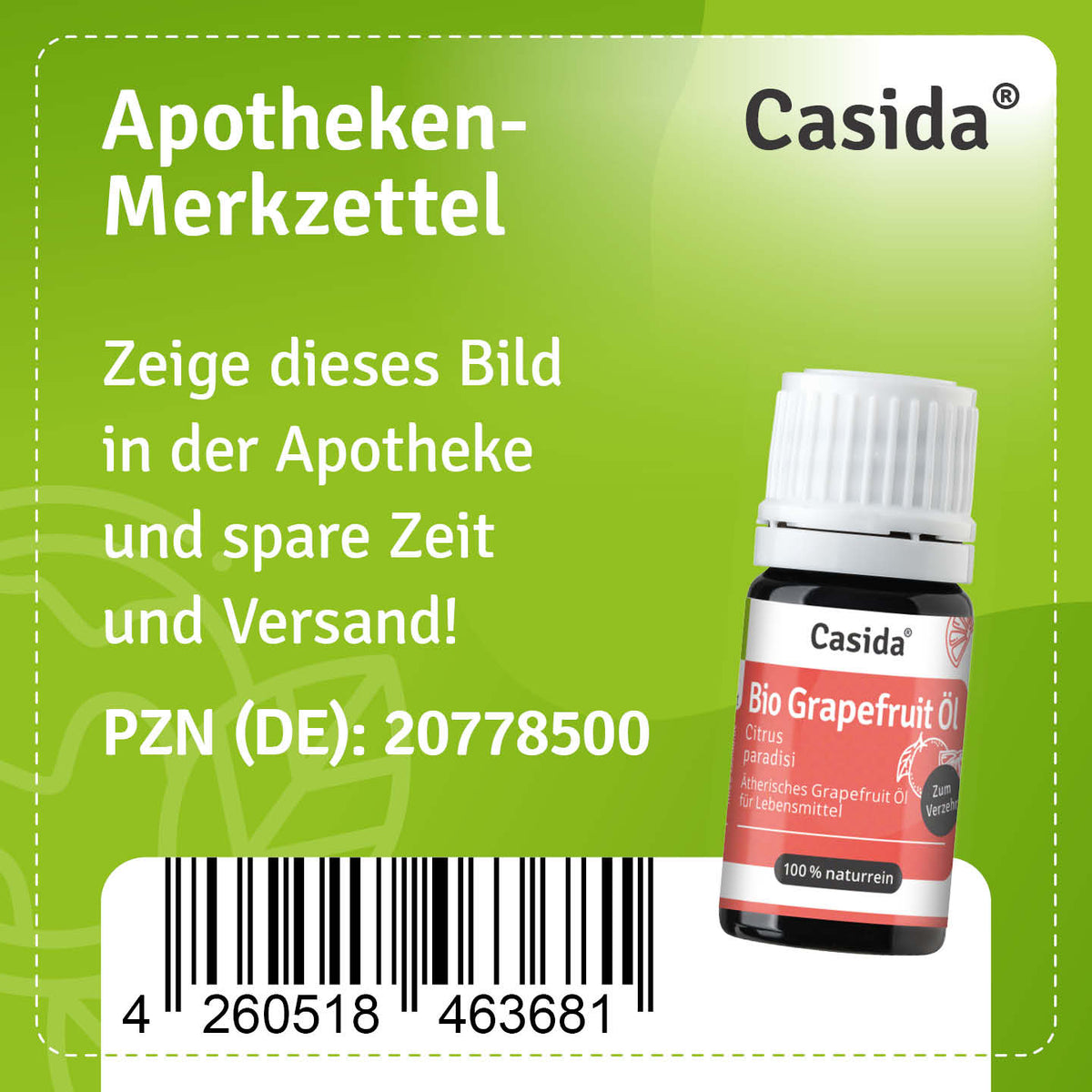 Apotheken-Merkzettel für Casida Bio Grapefruitöl, PZN 20778500
