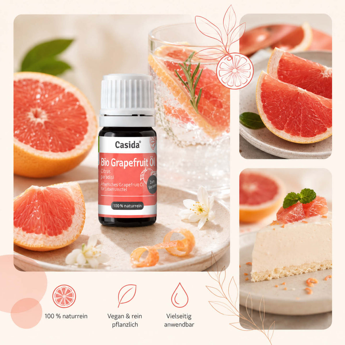 Casida Bio Grapefruitöl neben Grapefruitgetränk, Fruchtstücken und Kuchen
