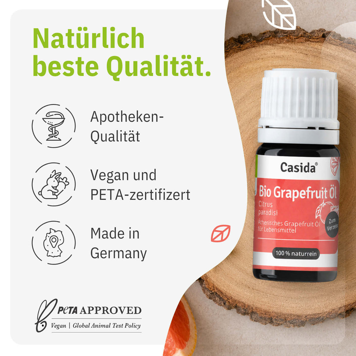 Casida Bio Grapefruitöl mit Angaben zu veganer Rezeptur und Herstellung in Deutschland