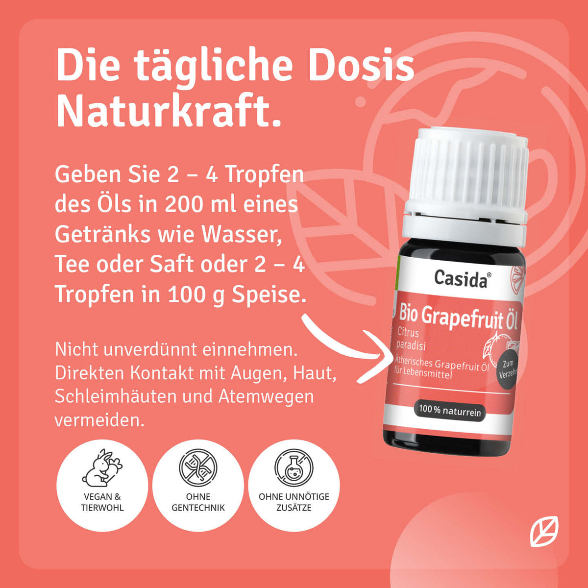 Dosierungs- und Sicherheitshinweise für Casida Bio Grapefruitöl in Getränken und Speisen