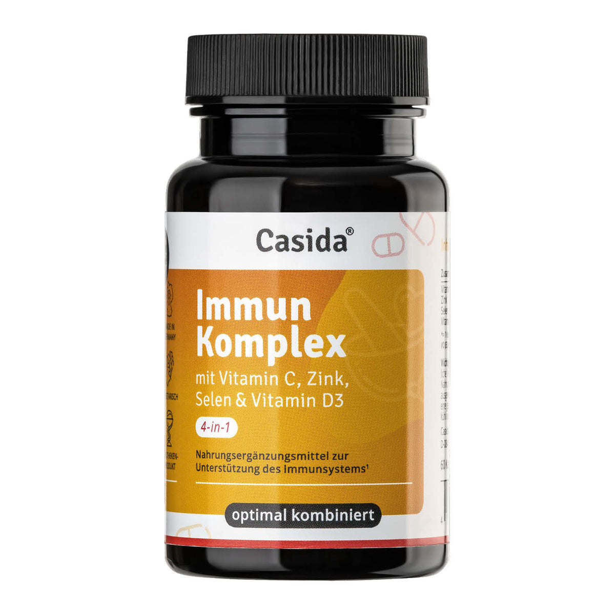 Casida Abwehr & Immun Set supplement bottle with a black cap, featuring an orange and white label detailing ingredients.